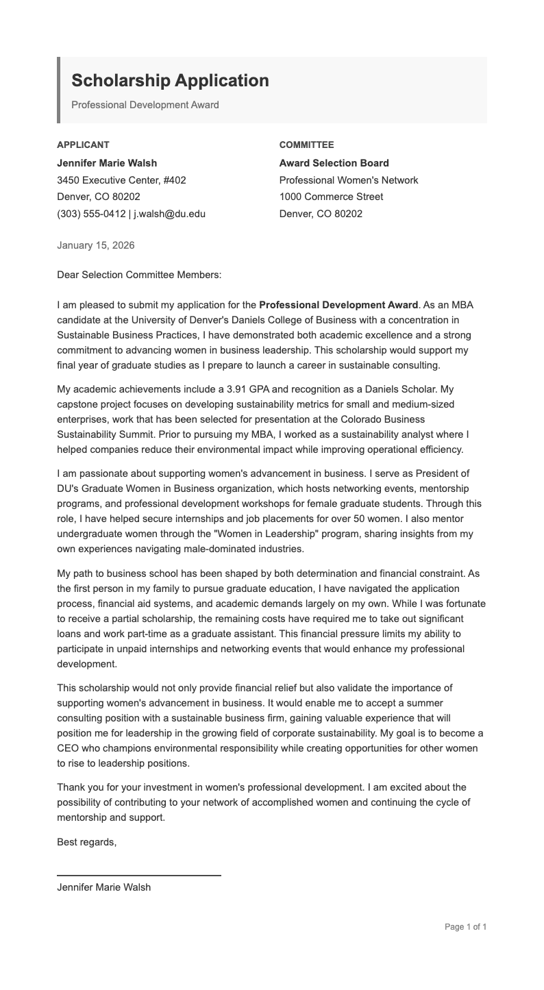 Professional Gray Scholarship Letter